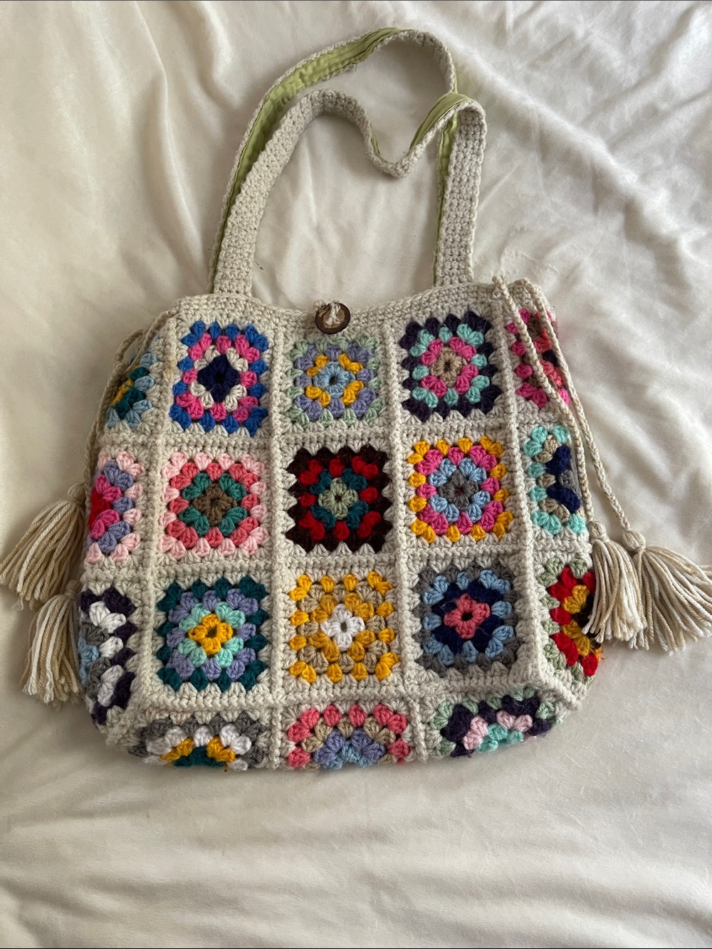 Handmade Multicolor Crochet Tote Bag cream and multi colored granny squares